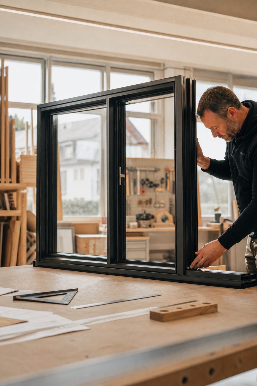 Handwerker beim präzisen Aufmaß eines modernen Fensters