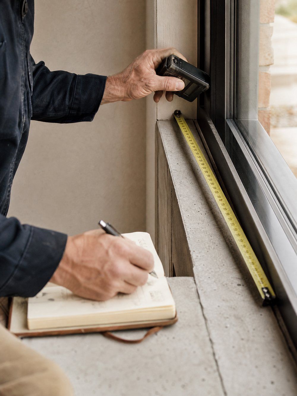 Maßaufnahme vor Ort – Handwerker misst eine Fensteröffnung exakt mit dem Bandmaß und notiert die Maße